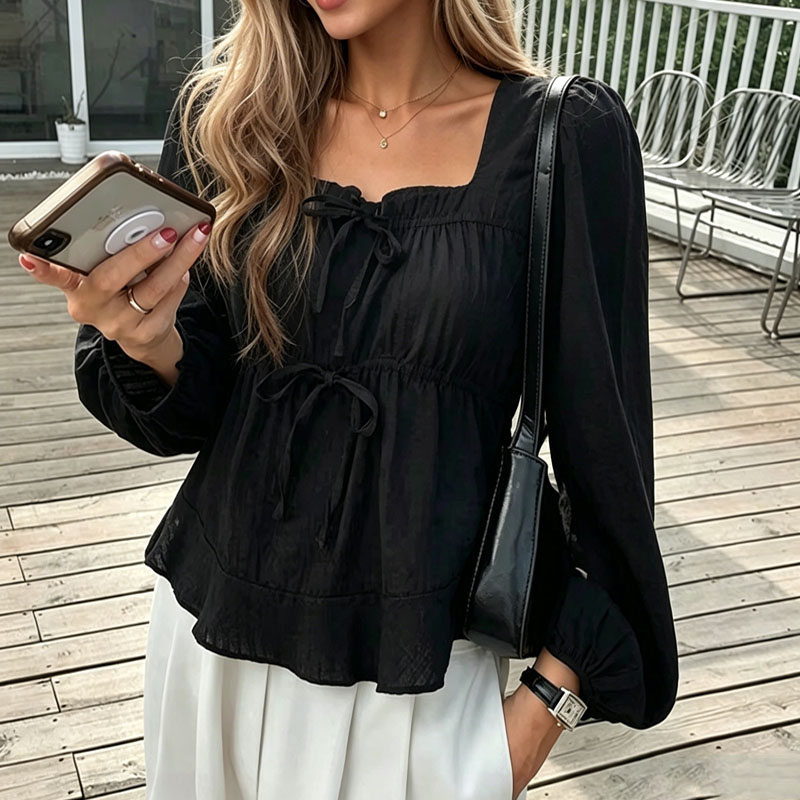 Tie Front Shirt - เสื้อผู้หญิงผูกโบว์สวยหรู แขนยาว สไตล์เกาหลี สีขาว สำหรับฤดูใบไม้ผลิ เสื้อลำลอง