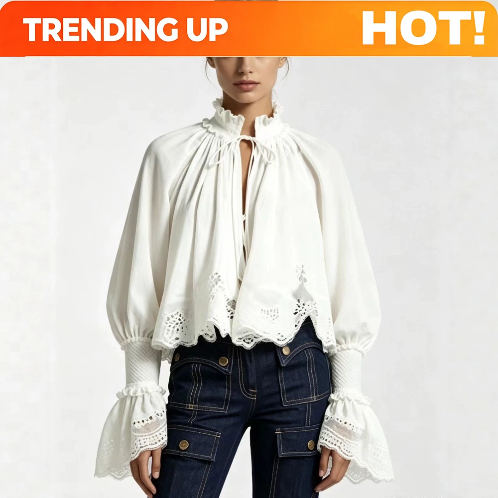 Tie Front Shirt - เสื้อผู้หญิงสไตล์วินเทจแบบปรับแต่งได้ คอระบายลูกไม้โปร่ง ผูกโบว์ด้านหน้า แขนพองทรงบาน ทรงหลวม ความยาวครอป