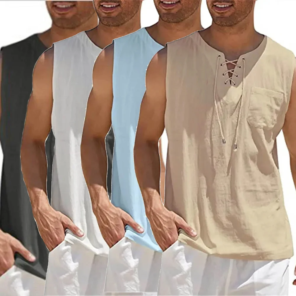 Summer Clothing Men Linen - ผ้าลินินฤดูร้อนเสื้อลําลองผู้ชายเสื้อกั๊กผ้าพันคอ Lace Up เสื้อ Retro V