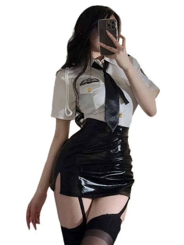 Summer Clothing Capsule - ชุดคอปกเสื้อแอร์โฮสเตสแขนสั้นสุดเซ็กซี่เอวยางยืดชุดกระโปรงรัดก้นหนังสีดำสำหรับฤดูร้อน2FRL ใหม่