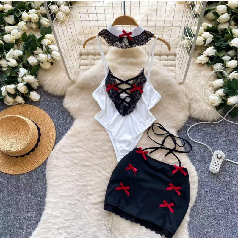 Summer Clothing Capsule - ชุดเซ็ต 2 ชิ้นสำหรับผู้หญิง ชุดบอดี้สูทเว้าหลังลึกแบบวันพีซ พร้อมกระโปรง ชุดกระโปรงสไตล์วินเทจ