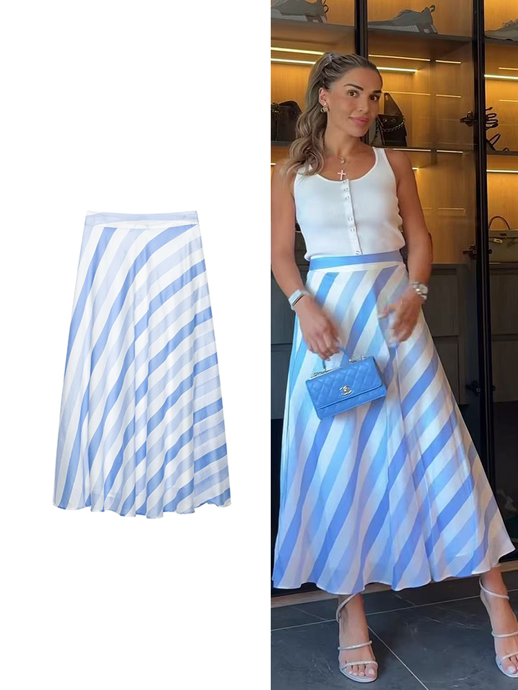 Summer Clothing Trends For Women 2026 - TFMLN ผู้หญิงวินเทจกระโปรงลายทางสีฟ้าเทรนด์แฟชั่นฤดูร้อนเอวสูงกระโปรงทรงเอวันหยุดสบายๆเสื้อผ้าหญิง 2026