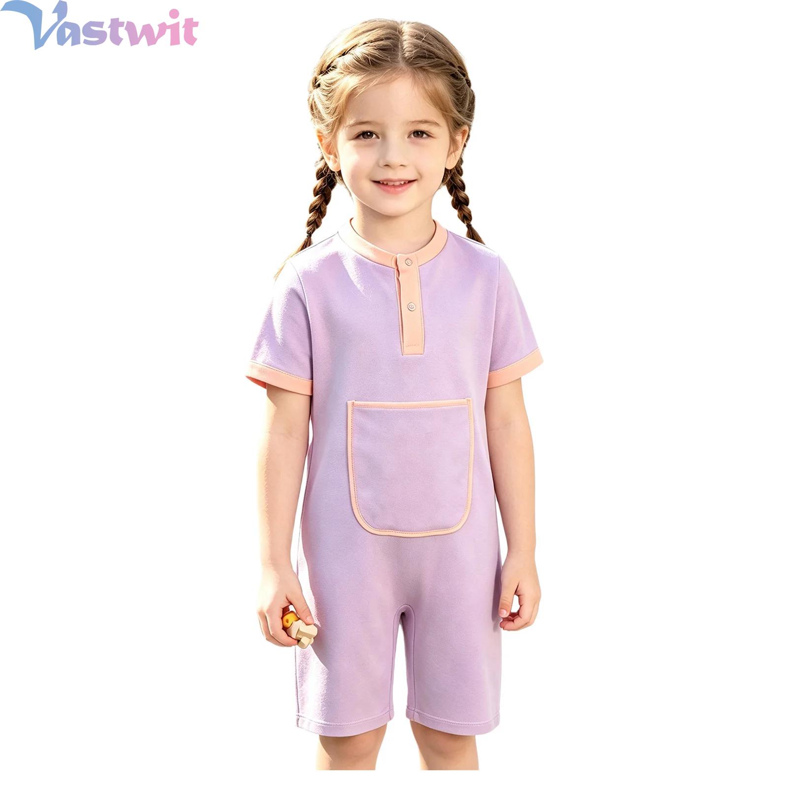 Summer Clothing Kids Boys - ชุดบอดี้สูทแขนสั้นสำหรับเด็กชายและเด็กหญิงที่มีความต้องการพิเศษ พร้อมกระดุมกด กระเป๋าด้านหน้า และซิปด้านหลัง