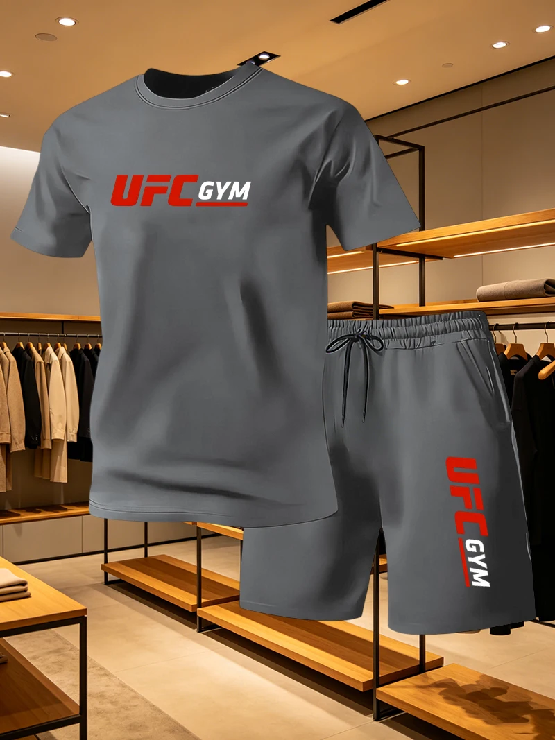 Summer Clothing For Young Men - ชุดเสื้อยืดและกางเกงขาสั้นแฟชั่นผู้ชาย UFC ชุดลำลองสำหรับฤดูร้อน ชุดกีฬาแห้งเร็ว ฟิตเนส วิ่ง