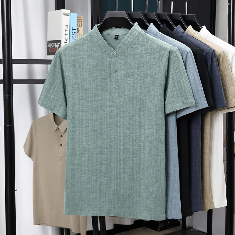 Summer Clothing Men Linen - เสื้อเชิ้ตแขนสั้นคอจีนผ้าลินินเนื้อสัมผัสพิเศษสำหรับผู้ชาย สวมใส่สบาย ระบายอากาศได้ดี ไม่ยับง่าย เหมาะสำหรับฤดูร้อน