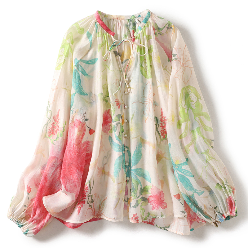 Tie Front Shirt - เสื้อคาร์ดิแกนลายดอกไม้สไตล์โบโฮสำหรับวันหยุดชายหาด เสื้อเชิ้ตบางสำหรับผู้หญิง ฤดูใบไม้ผลิ-ฤดูร้อน ผูกด้านหน้า ติดกระดุม แขนยาว