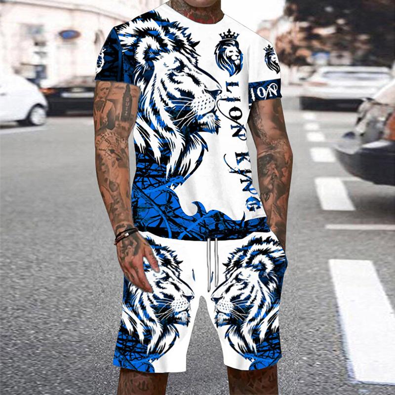 Summer Clothing For Young Men - ชุดเซ็ทลายเสือ 3 มิติ สำหรับผู้ชาย ชุดชายหาดลำลอง เสื้อยืดคอกลมแขนสั้น