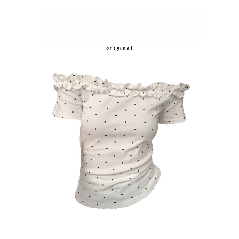 Summer 2025 Clothing Essentials - เสื้อยืดแขนสั้นคอเฉียงแต่งลูกไม้ลายจุด รุ่นซัมเมอร์ 2025 เสื้อผู้หญิงทรงเข้ารูป แฟชั่นทันสมัย เสื้อผ้าผู้หญิงแบบพื้นฐาน