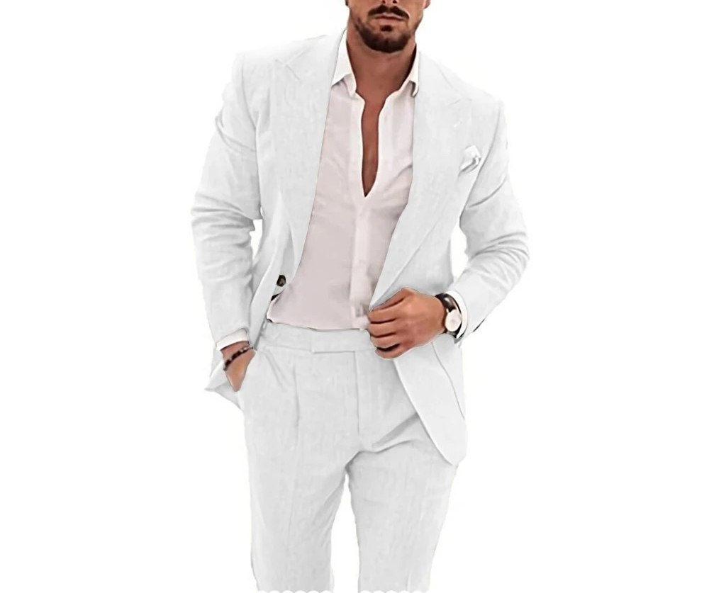 Summer Clothing Men Linen - ชุดสูทผ้าลินินลำลองสำหรับผู้ชาย 2 ชิ้น ชุดทักซิโด้ทันสมัยสำหรับงานแต่งงาน ชุดชายหาดฤดูร้อนสำหรับผู้ชาย สามารถสั่งตัดได้