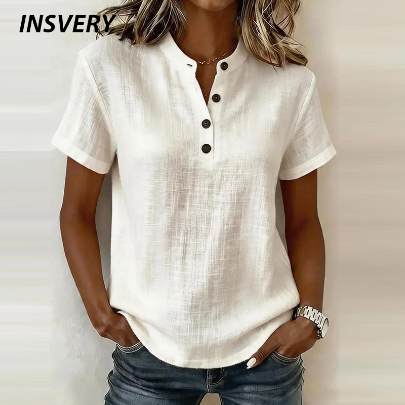 Summer Clothing Men Linen - เสื้อเบลาส์แขนสั้นสำหรับฤดูร้อน เสื้อเชิ้ตผู้หญิงสีพื้น คอวี ติดกระดุม เสื้อผู้หญิงลำลอง ผ้าฝ้ายลินิน