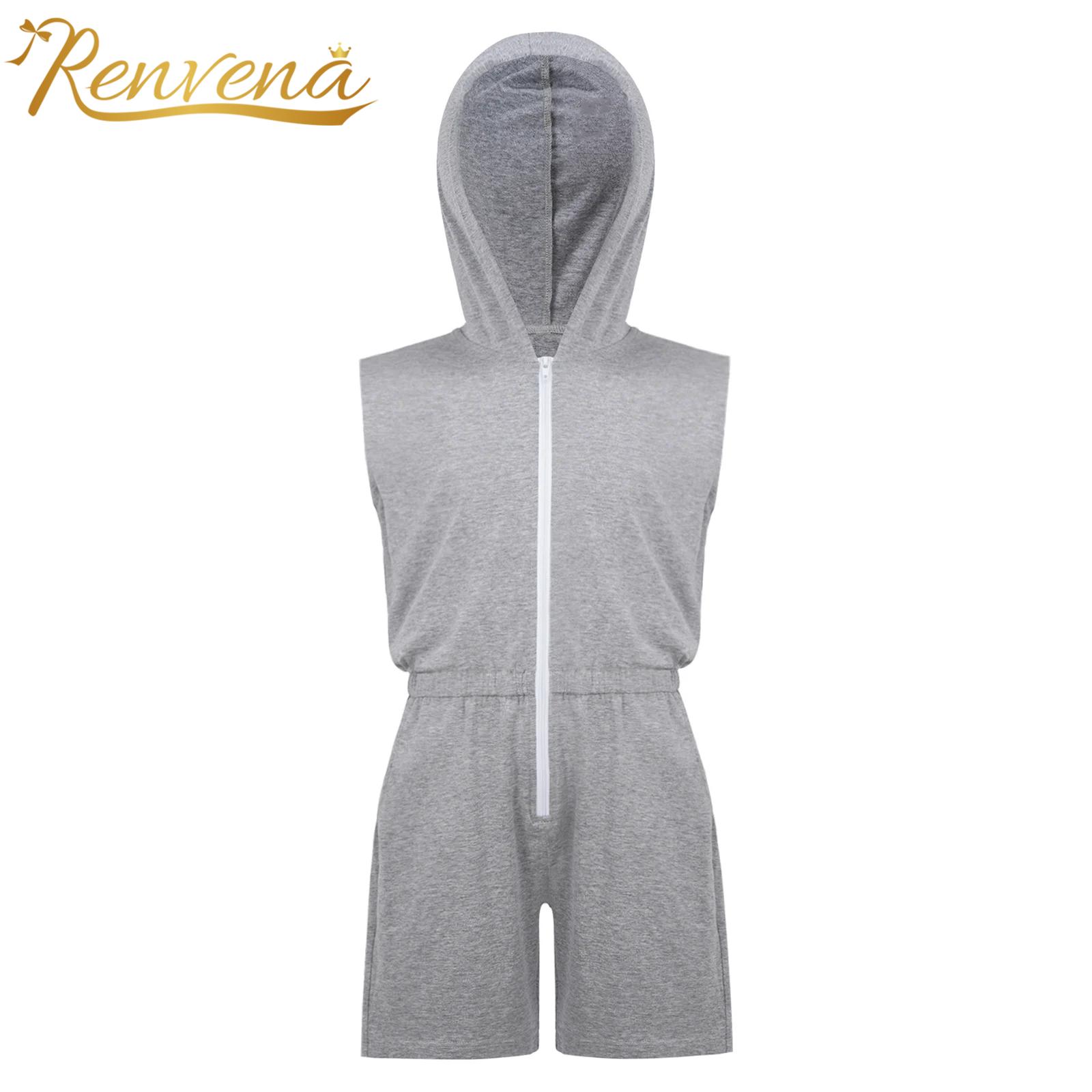 Summer Clothing Kids Boys - ชุดจั๊มสูทเด็กผู้ชายแขนกุดมีซิปมีฮู้ดเอวยางยืดความยาวระดับต้นขาชุดบอดี้สูทเสื้อผ้าเด็กฟิตเนสเด็กยูนิทาร์ดส์