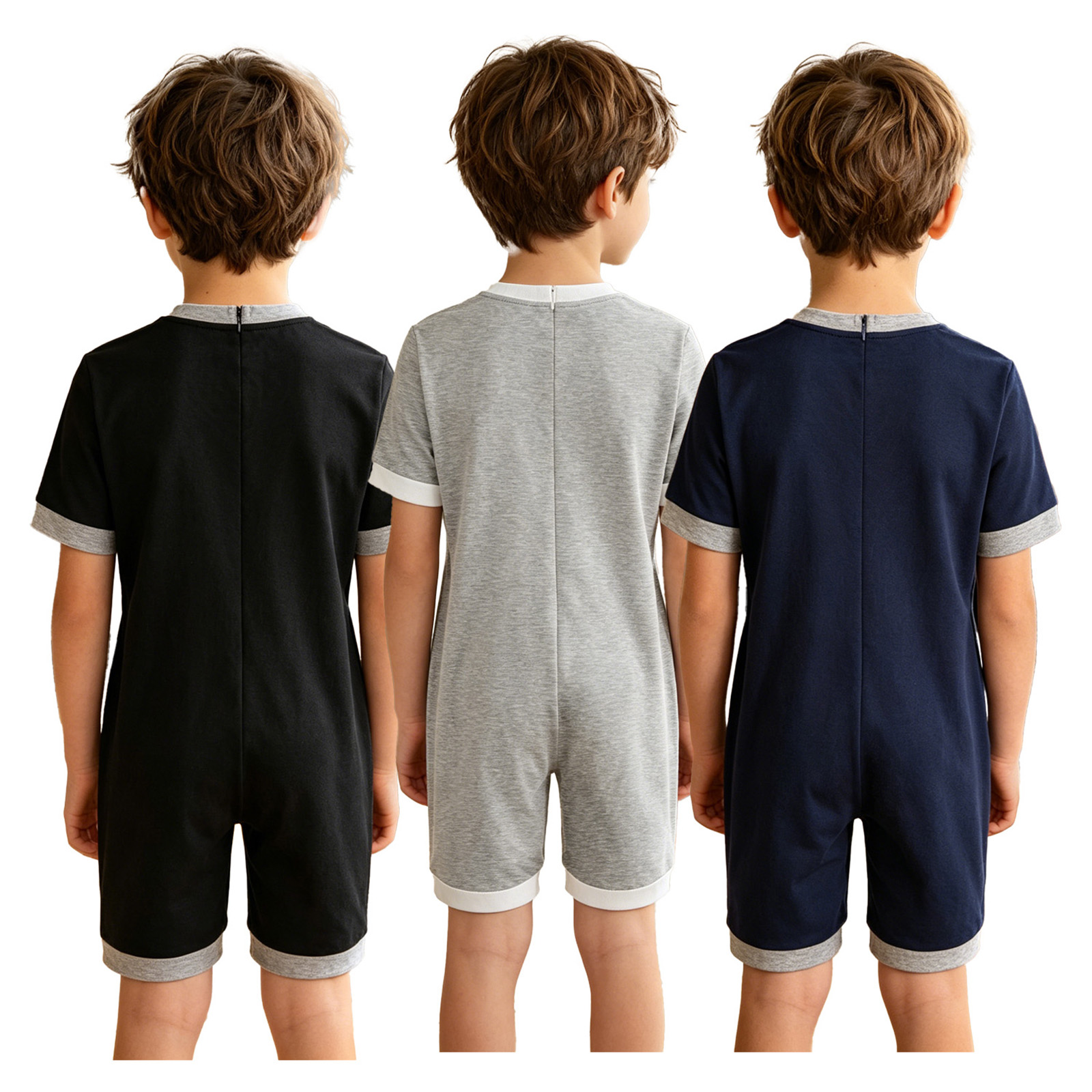 Summer Clothing Kids Boys - ชุดรอมเปอร์เด็กชายหญิง สำหรับเด็กออทิสติกและเด็กพิเศษ ช่วยให้สวมใส่สบาย ป้องกันการถอดเสื้อ ซิปหลัง แขนสั้น
