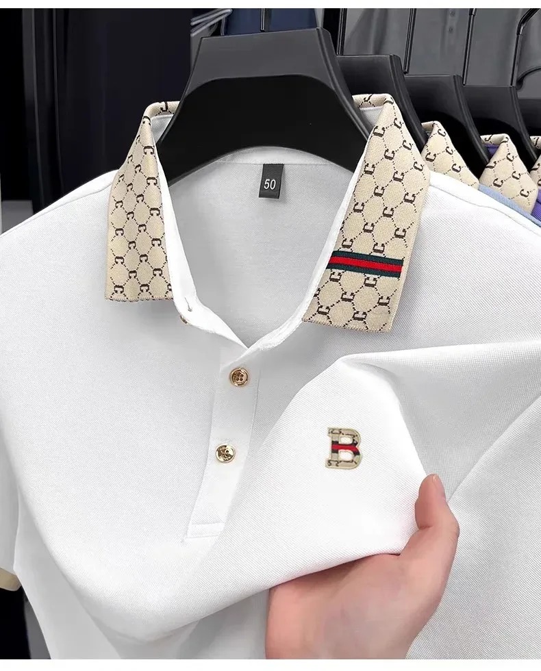 Summer Clothing Men Linen - เสื้อโปโลแขนสั้นผู้ชายแบรนด์ระดับไฮเอนด์ เทรนด์ฤดูร้อน เสื้อยืดปักตัวอักษร B สไตล์เกาหลี ลำลอง