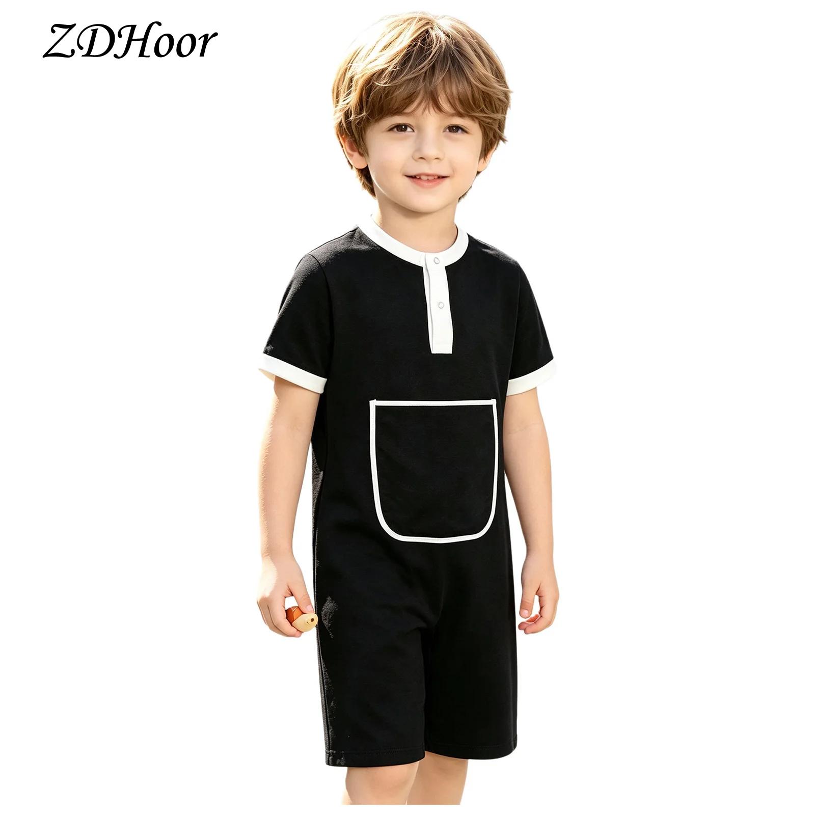 Summer Clothing Kids Boys - ชุดจั๊มสูทเด็กชายเด็กหญิงแบบกดกระดุม มีกระเป๋าด้านหน้าและซิปด้านหลัง เสื้อผ้าสำหรับเด็กที่มีความต้องการพิเศษ ชุดบอดี้สูทแขนสั้น