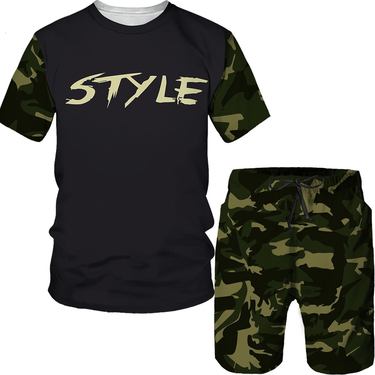 Summer Clothing For Young Men - ชุดลายพรางผู้ชาย เสื้อยืดพิมพ์ลาย 3 มิติ กางเกงขาสั้น ชุด