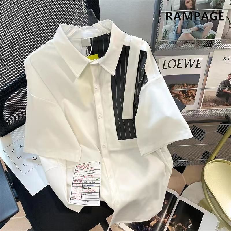 Summer Clothing Label - เสื้อผ้าผู้ชายแฟชั่นชุดลำลองย้อนยุคฝรั่งเศสเสื้อเชิ้ตแขนสั้นแบบหลวม, เสื้อเชิ้ตพิมพ์ลายทางทรงหลวมติดป้าย