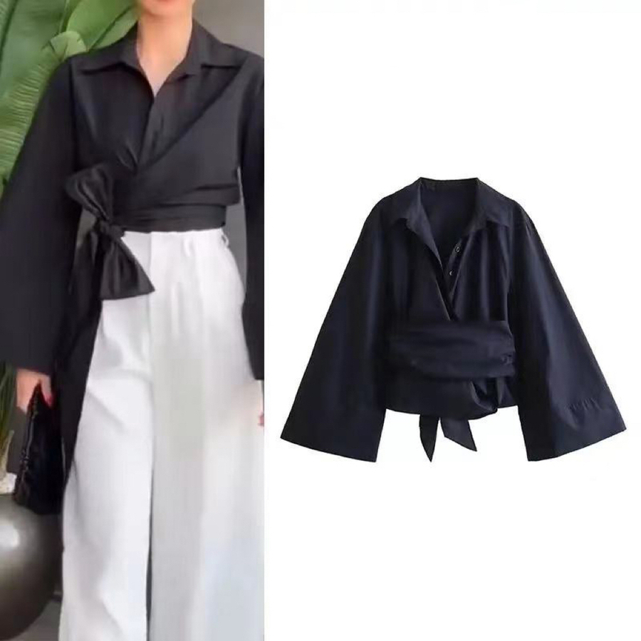 Tie Front Shirt - เสื้อเชิ้ตผ้าปอปลินกระดุมคู่แบบผูกโบว์คอโปโลลำลองแฟชั่นของผู้หญิงใหม่