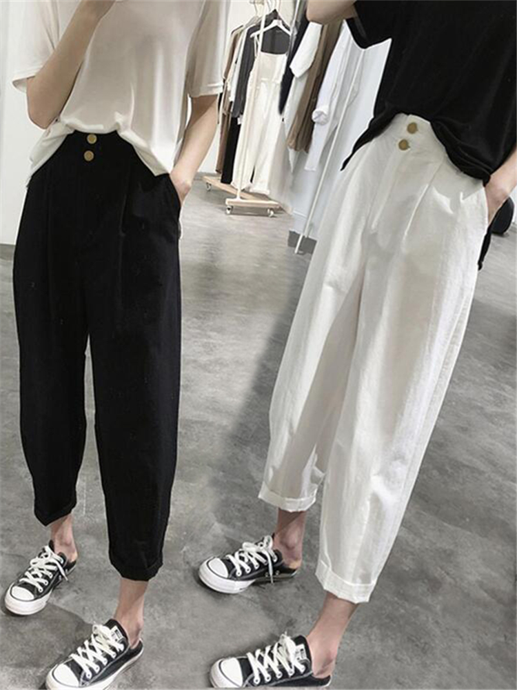 Summer Clothing Label - กางเกงทรงฮาเลนเอวสูงทรงสลิมลำลองสำหรับผู้หญิง กางเกงขายาวเก้าส่วนทรงตัดแต่งสไตล์เกาหลี ผ้าฝ้ายผสมใยไผ่สำหรับฤดูร้อน