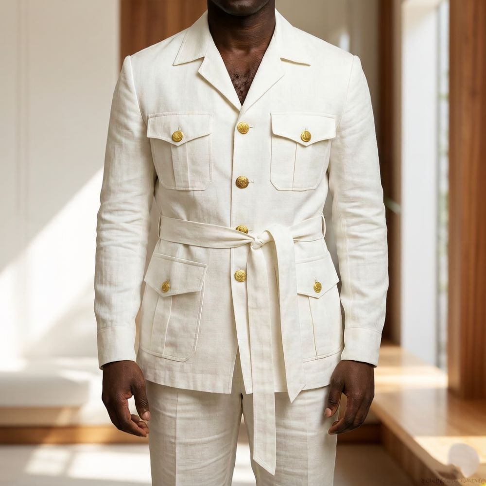 Summer Clothing Men Linen - ชุดสูทซาฟารีผ้าลินินสีขาวสำหรับผู้ชาย 2 ชิ้น ปกแบบ Notched Lapel