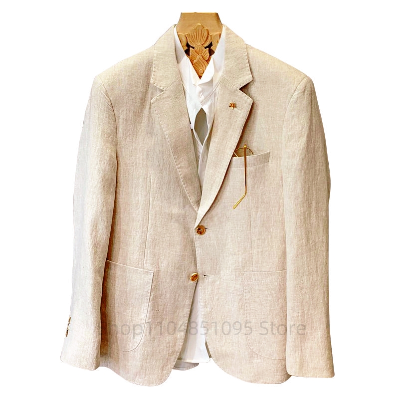 Summer Clothing Men Linen - ผ้าลินินสีเบจเสื้อสูทผู้ชายฤดูใบไม้ผลิฤดูร้อน SLIM FIT Casual ธุรกิจบาง Mens