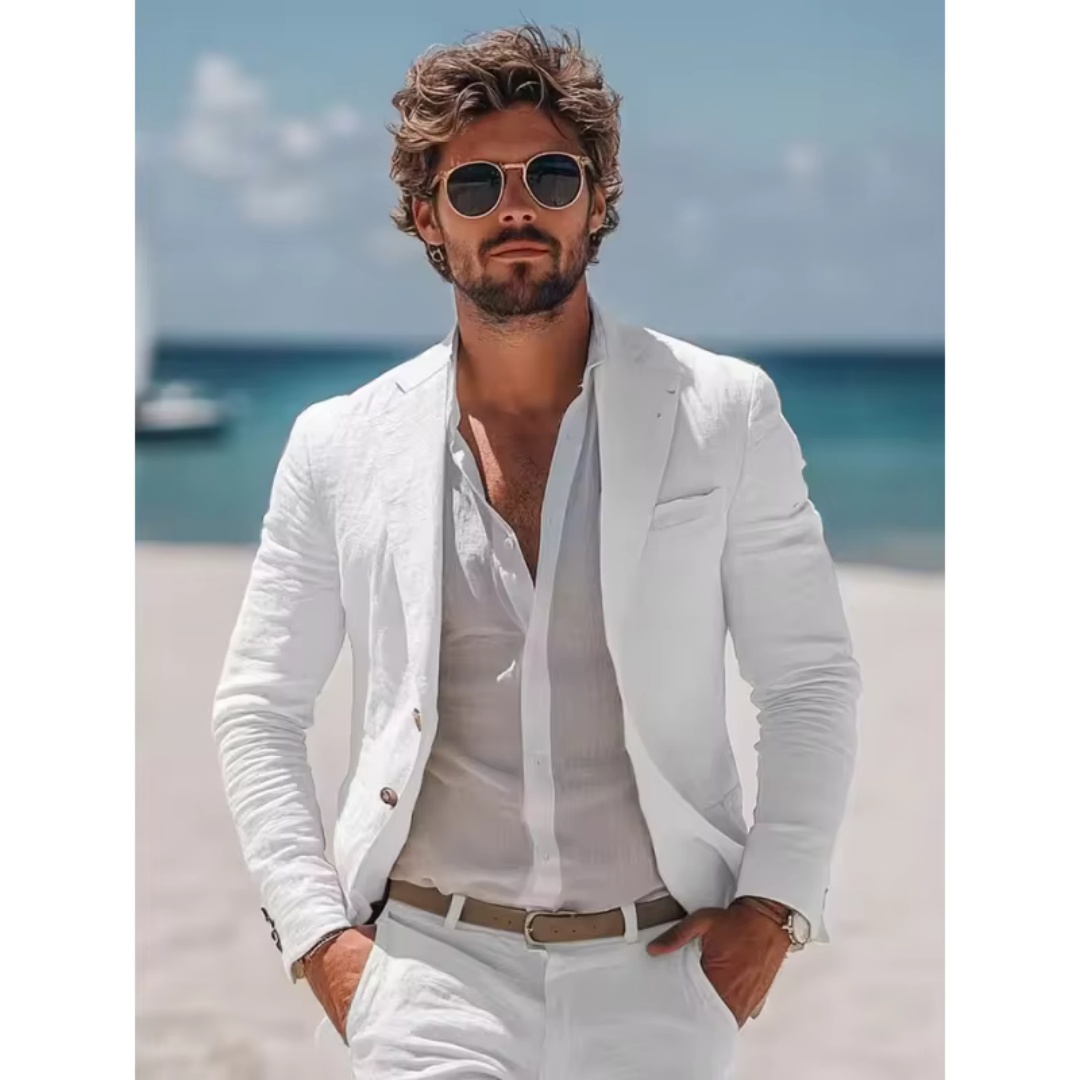 Summer Clothing Men Linen - ชุดสูทผู้ชายผ้าลินินสีขาว 2 ชิ้น ปกแบบ Notch Lapel