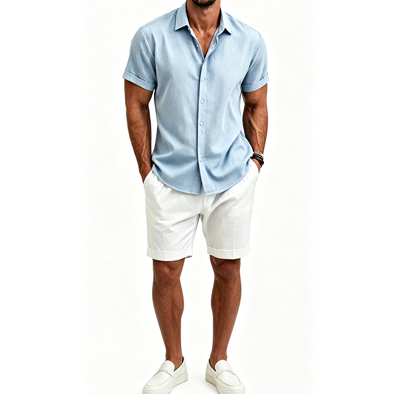 Summer Clothing Men Linen - ชุดเสื้อเชิ้ตผ้าฝ้ายลินินสำหรับผู้ชาย ชุดฤดูร้อนเสื้อแขนสั้นและกางเกงขาสั้น ชุดลำลองสีพื้นสำหรับชายหาด ชุดลำลอง 2 ชิ้นสำหรับผู้ชาย