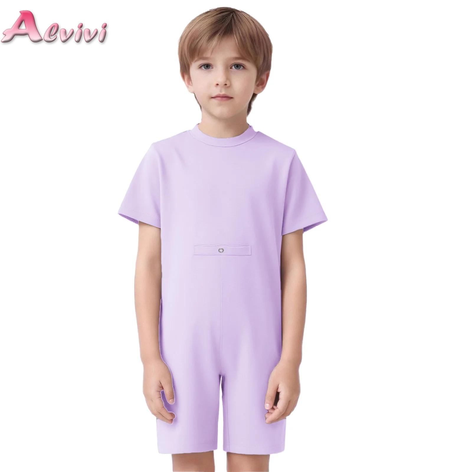 Summer Clothing Kids Boys - ชุดจั๊มสูทแขนสั้นสำหรับเด็กที่มีความต้องการพิเศษ แบบรอมเปอร์ป้องกันการเปิดเผยส่วนตัว พร้อมช่องสำหรับใส่สายยาง