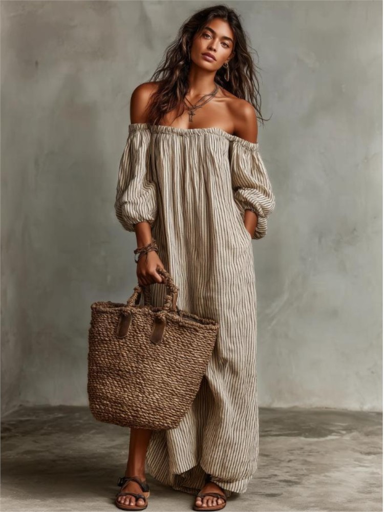 Summer Clothing H&M - เดรสยาวแขนพองแบบเปิดไหล่สไตล์ผู้หญิง ลายทางพิมพ์ลายเรโทร มีกระเป๋า เหมาะสำหรับวันหยุดพักผ่อนริมชายหาด ฤดูใบไม้ผลิและฤดูร้อน ปี
