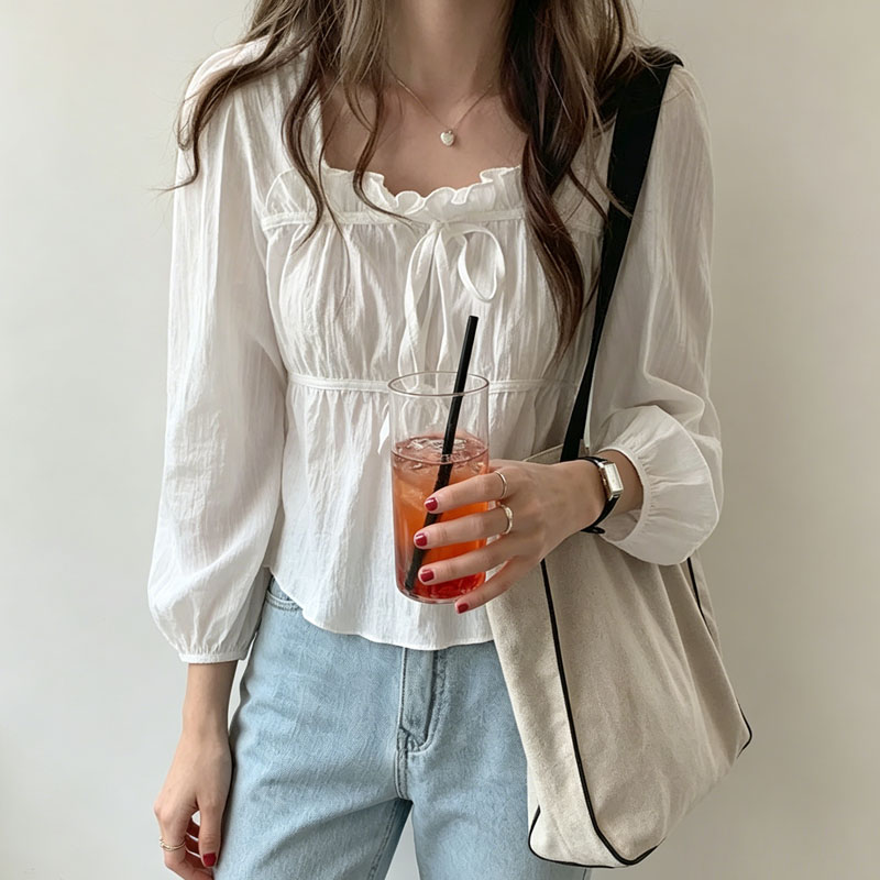 เสื้อผู้หญิงผูกโบว์สวยหรู แขนย - Tie Front Shirt บทวิจารณ์และราคา