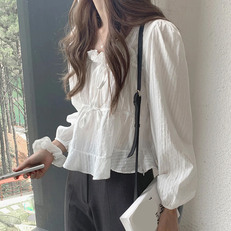 เสื้อผู้หญิงผูกโบว์สวยหรู แขนย - Tie Front Shirt บทวิจารณ์และราคา