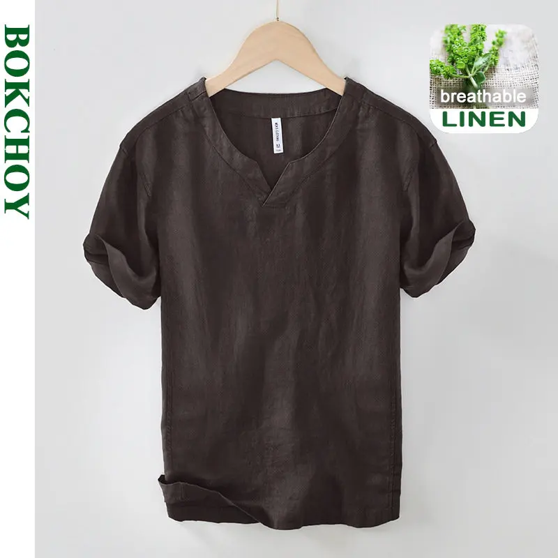เสื้อยืดแขนสั้นผ้าลินิน 100% ร - Summer Clothing Men Linen บทวิจารณ์และราคา