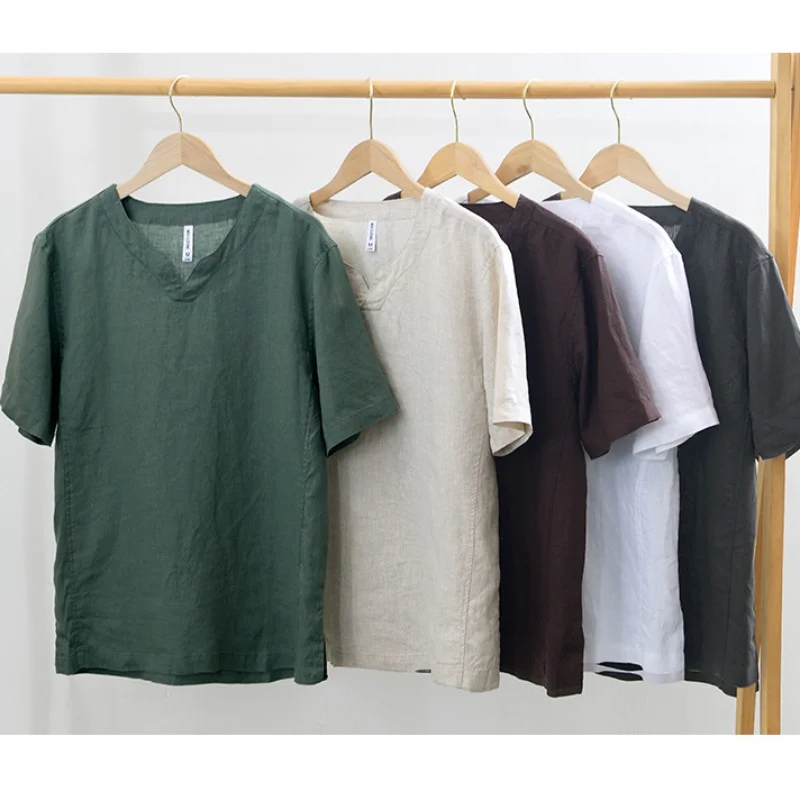 เสื้อยืดแขนสั้นผ้าลินิน 100% ร - Summer Clothing Men Linen บทวิจารณ์และราคา