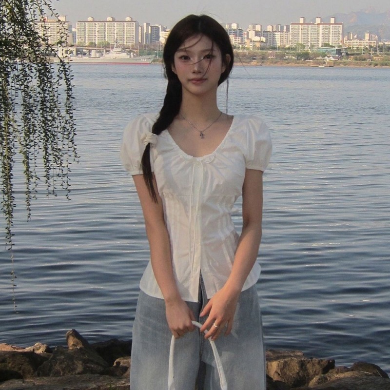 เสื้อเบลาส์แขนพองสีดำสำหรับผู้ - Tie Front Shirt บทวิจารณ์และราคา