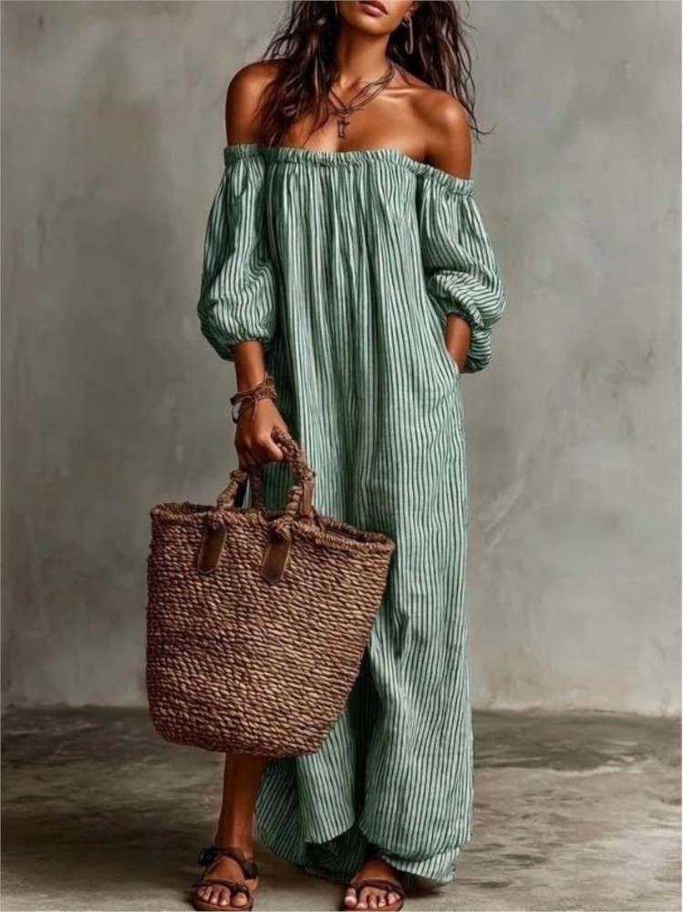 เดรสยาวแขนพองแบบเปิดไหล่สไตล์ผ - Summer Clothing H&M บทวิจารณ์และราคา