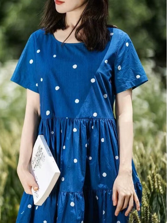 เดรสผ้าฝ้ายพิมพ์ลายดอกสีฟ้า สไ - Summer Clothing Label บทวิจารณ์และราคา