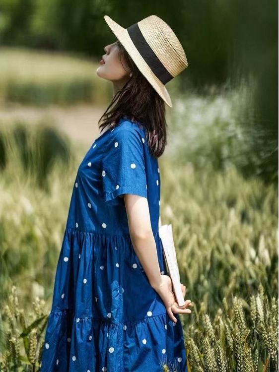 เดรสผ้าฝ้ายพิมพ์ลายดอกสีฟ้า สไ - Summer Clothing Label บทวิจารณ์และราคา